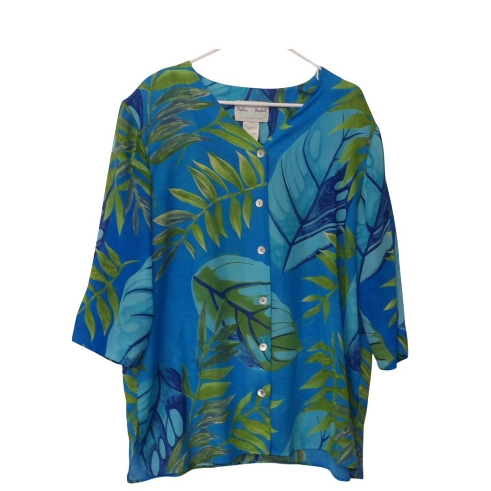 Delta Burke Womens 1X Tropical Leaf Print Button Front Blue Top 3/4 Sleeve